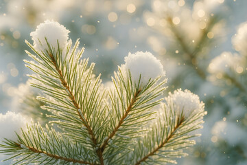 Sparkling snow-covered pine branches in soft morning light