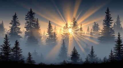 a stunning sunset over a forest filled with tall pine trees