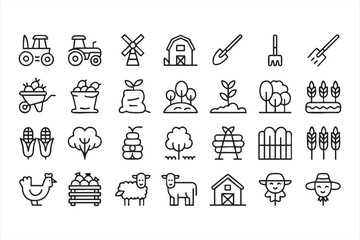 Vector design set of agriculture line icons with barn, tractor and farmer symbols