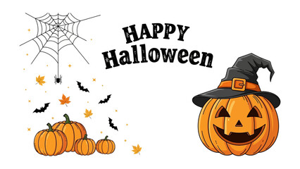 Happy Halloween Delight: Embrace the spirit of Halloween with a joyful jack-o'-lantern wearing a witch's hat, alongside pumpkins, bats, spiders, and a spiderweb.