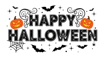 Happy Halloween: Spooky festive greeting features pumpkins, bats, spiderwebs, and stars on a textured background. Evoking a sense of excitement and joyful anticipation for this eerie celebration. 