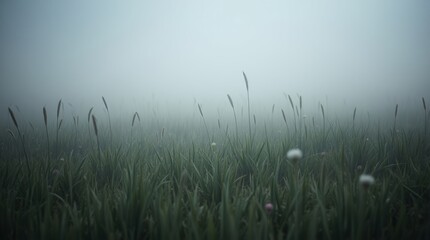 Obraz premium Misty Meadow Serenity: The tranquility of a meadow shrouded in a ethereal mist, a captivating scene of tall grass, whispering of nature's quiet beauty. 