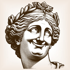ancient Greek statue bust, featuring ornate hair, and an unusual smiling expression sketch engraving generative ai fictional character vector illustration. Scratch board. Black and white image.