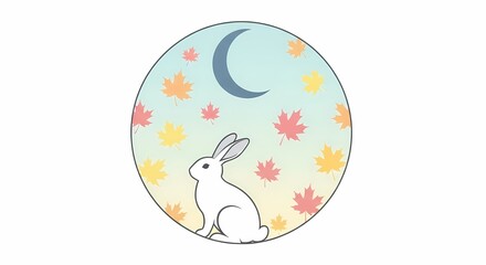 Adorable Rabbit Sitting Among Colorful Autumn Leaves Under a Moon