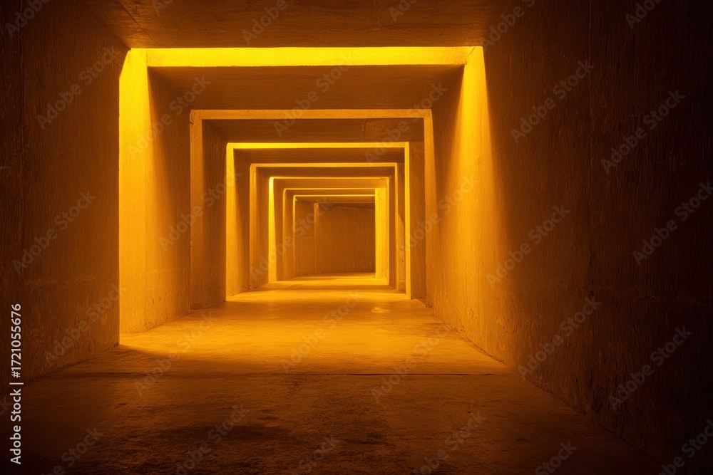 Poster enigmatic underground passage illuminated by soft golden light creating a mysterious and inviting at