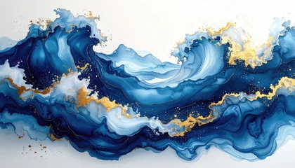 Handdoek met foto Kristal Abstract, fluid waves of deep blue and white, accented with gold  © ulfaa