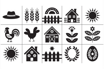 Agriculture and rural lifestyle icon pack with barn, harvest and rustic house designs