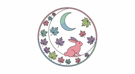 Charming Pink Rabbit Surrounded by Colorful Leaves and Crescent Moon Design