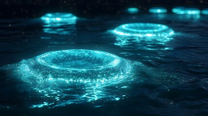 3D render of glowing, turquoise rings dispersing in dark water, creating ripple effects.
