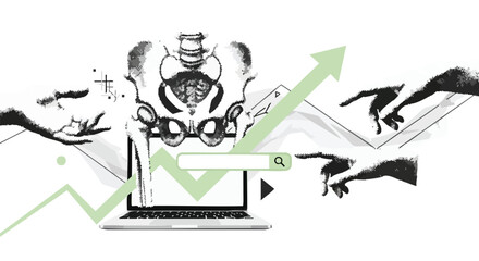 Conceptual illustration of online medical research showing a pelvis, laptop, and growth arrow.