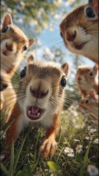A group of curious squirrels is gathered on the grass in a park on a sunny day. They are exploring their surroundings, sniffing the air, and looking for food. Their playful nature is evident.