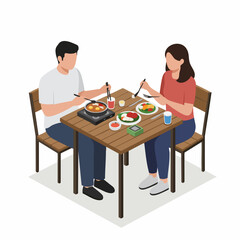 Isometric Two People Enjoying a Meal Together at Wooden Table Dining Scene