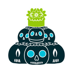 Day of the Dead Altar Skulls and Marigolds Ancestral Altar Ofrenda Stacked skulls calaveras with a single marigold cempasuchil blooming atop