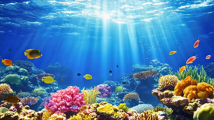 Vibrant Coral Reef Underwater with Colorful Fish and Sunlight Beams | Tropical Ocean Marine Life and Exotic Aquatic Ecosystem