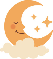 A Cute Sleeping Moon with Star and Cloud, Sweet Dreamy Moon with Stars and Soft Clouds.