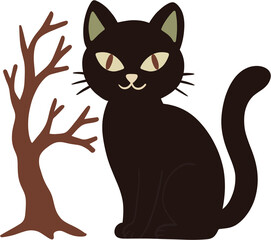 Cute Black Cat and a Spooky Tree Illustration, Playful Halloween Spooky Animal and Tree Graphic.