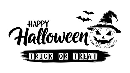 Happy Halloween Design: Festive and eerie design with a grinning jack-o'-lantern, a witch's hat, and the words Happy Halloween in an artistic, captivating design for the spooky season.