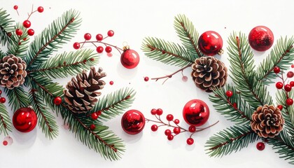 Holiday border with pine branches, red ornaments, berries, and pinecones on white background.