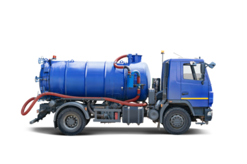 A blue vacuum truck, isolated on a background, ready to pump and remove liquid waste. The truck is equipped with hoses and equipment for efficient waste disposal and removal.