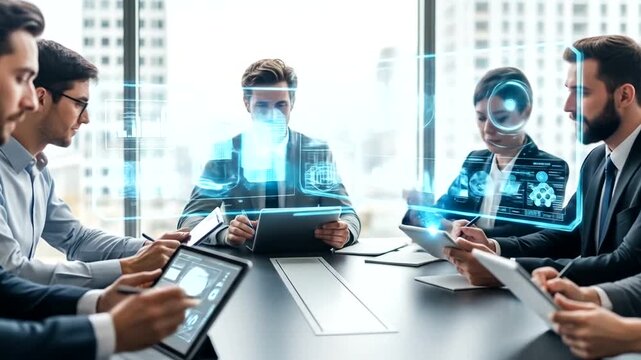 Futuristic Business Meeting with Holographic Data Visualization Technology Implementation