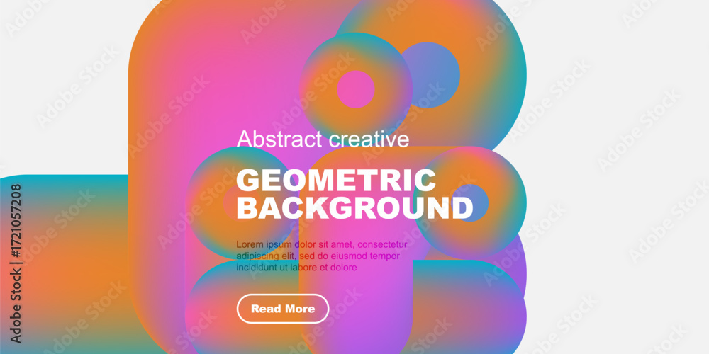 Poster vibrant overlapping shapes create dynamic abstract background. text promotes further exploration, mo
