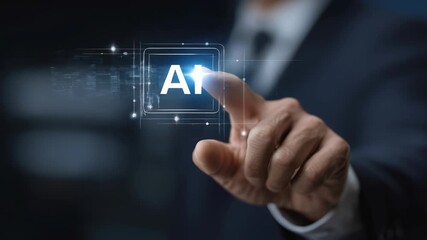 Artificial intelligence technology concept with businessperson touching digital interface, innovation, future, hand, and virtual AI interface - Powered by Adobe