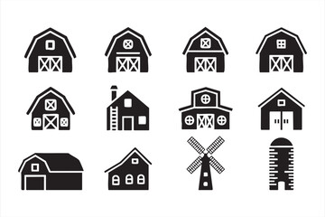 Black silhouette farm barn icons set with windmill and silo vector illustration