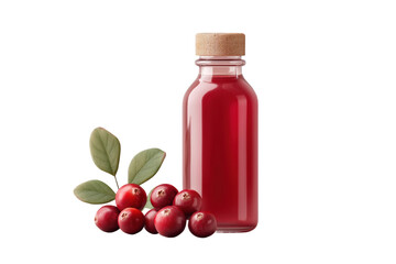 Cranberry juice bottle with fresh fruit and leaves on white background, cut out