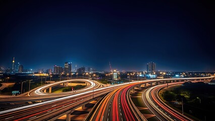 Obraz premium Urban highway interchange at night with light trails, long exposure capturing star bokeh in the dark blue sky.