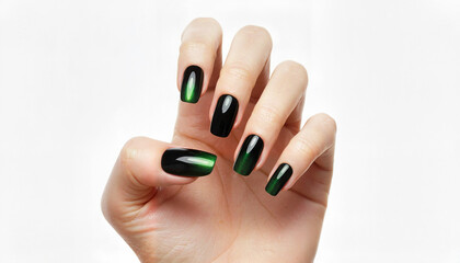 Stylish black and green ombre manicure on woman's hand  