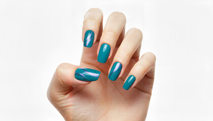 Woman's hand displaying stylish turquoise nail art on white background  