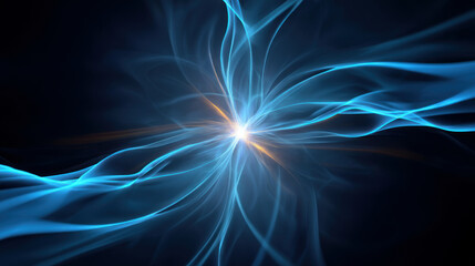 Electromagnetic field visualization, neon colors and flowing current lines. Chaotic lightning grid pattern, bright electric energy on dark tech grid. Energy
