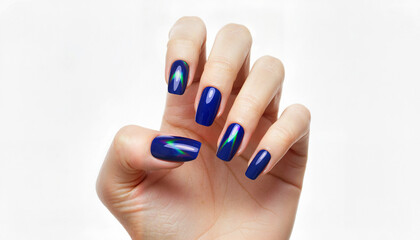 Woman's hand displaying shiny blue nail polish with rainbow reflection  