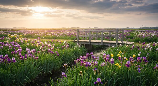 Stunning iris field at sunset with wooden bridge over tranquil stream