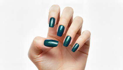 Female hand showing teal nail polish on nails against white background  