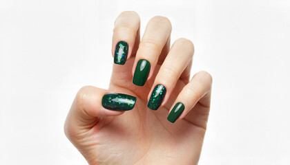 Elegant woman’s hand showing manicured green nails with glitter  