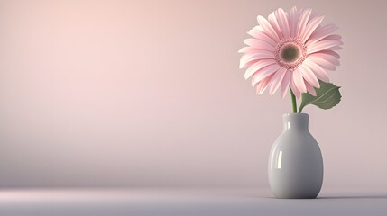 Photograph of a single pink gerbera daisy in a gray vase on a neutral surface.