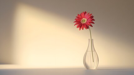 Photograph of a single red gerbera daisy in a clear glass vase against a muted beige wall.