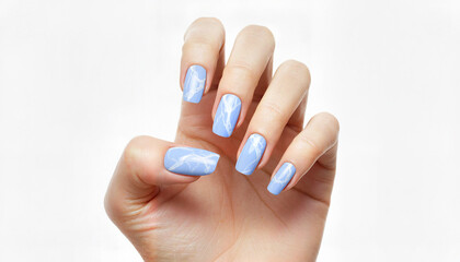 Woman's hand with light blue marble nail design against white background  