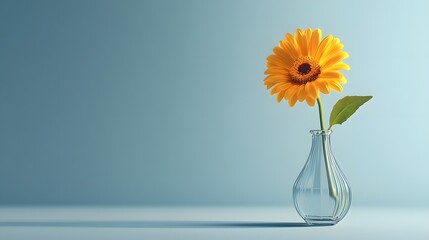 Photograph of a single yellow daisy in a clear glass vase against a teal backdrop.