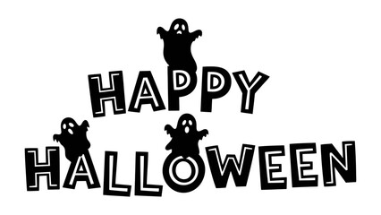 Happy Halloween Greeting: Spooky silhouette ghosts dancing around Happy Halloween captures the essence of Halloween with charming, spooky style.