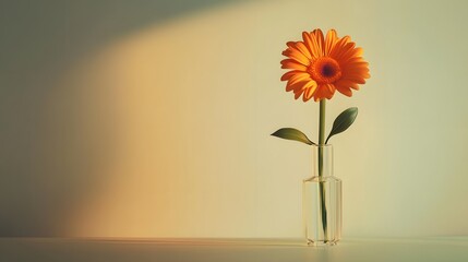 Photograph of a single orange gerbera daisy in a clear glass vase against a muted green background.