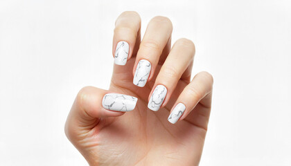Woman showing manicured nails with marble design on white background  
