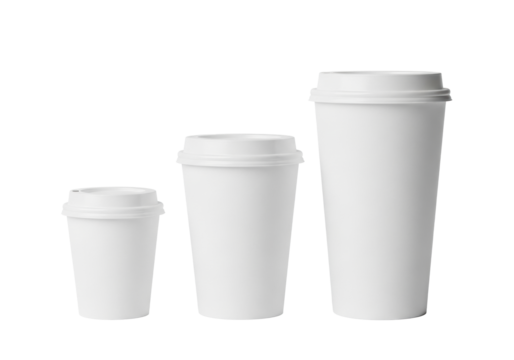Three transparent disposable coffee cups (S,M,L) with lids, arranged on transparent background, copy space, studio lit, ultra-realistic photo, crisp, clean concept for product mockups