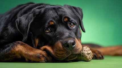 Obraz premium Close up of a rottweiler lying down with its head resting on a bone against green background