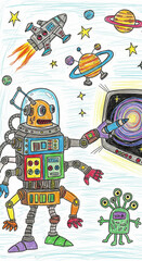 Colorful robot with expressive face points at swirling galaxy on screen, surrounded by planets, stars, rocket, and friendly green alien in playful outer space scene