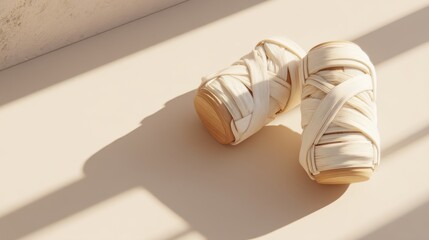 Stylish natural craft items wrapped in decorative materials on a soft surface with gentle shadows and sunlight