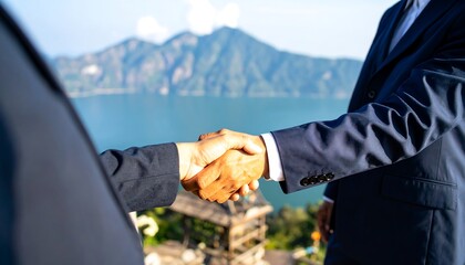 Business handshake overlooking a lake and mountains