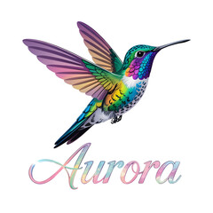 Rainbow Hummingbird in Flight with Aurora Name Graphic