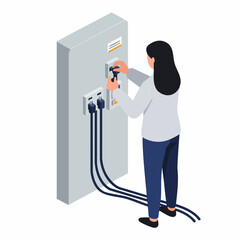 Isometric Woman Plugging Electric Equipment in the Panel Illustration Design